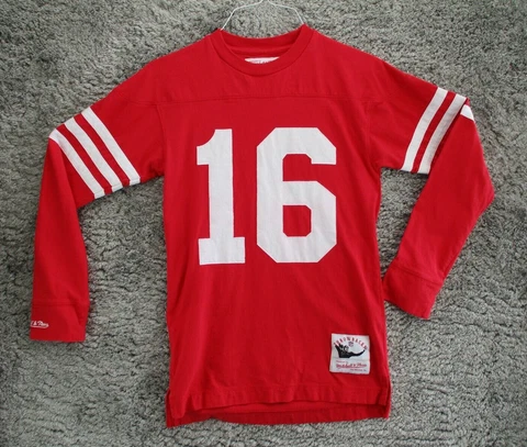 Mitchell Ness Joe Montana 49ers Throwback Long Sleeve Red Jersey Size Small Cover