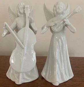 Schmid Angel Figurines White Set (2) Mandolin Bass 1960s 5-1/2" Japan Music EUC - Picture 1 of 6
