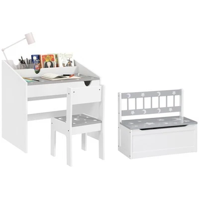 Qaba Kids Desk with Chair Set and Toddler Toy Box Storage Bench for Bedroom - Imagem 1 de 4