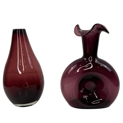 Juego 2 Jarrones Vintage BLENKO Pellizcados Donut Púrpura Amatista Tulipán Lágrima de Vidrio MCM Foto 1 de 4