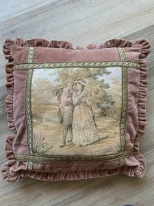Vtg French Countryside Tapestry Pillow With Velvet Backing & Fringe Edging - Picture 1 of 5