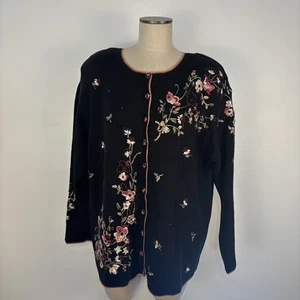 VTG Carly St Claire Black Cardigan Sweater Sz 2X Floral Embroidered Whimsical - Picture 1 of 11