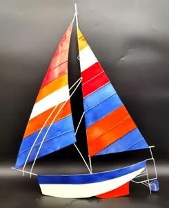 Metal Sailboat Wall Hanging Red White Blue Orange Nautical Beach Theme Decor - Picture 1 of 9