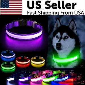 LED Adjustable Dog Collar Blinking Flashing Light Up Glow Pets Safety Waterproof - Picture 1 of 29