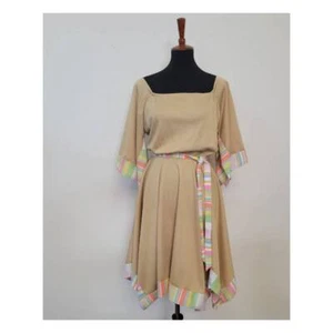 Vintage 1970's Khaki Dress with Pastel Rainbow Stripe Trim - Picture 1 of 7