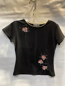 Nuokaiya Women Top Black Short Sleeve Size S Embroidered Flowers T-Shirt Blouse - Picture 1 of 5