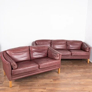 Set of Mid Century Purple Leather Three Seat Sofa and Two Seat Loveseat, Denmark - Picture 1 of 10