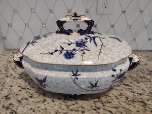 Antique Royal Worcester Large Tureen Blue Botanical Flower Elephant Handle - Picture 1 of 15