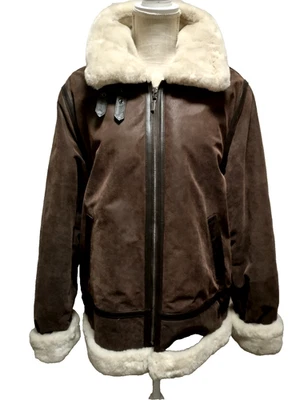 NWOT St. Johns Bay Men's Brown Leather Ivory Sherpa Lined Pilot Bomber Jacket L - Image 1 of 4