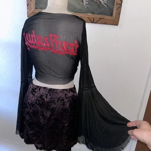 Judas Priest Mesh Crop Tie Top Women Size Medium Black Band Bell Sleeves Metal - Picture 1 of 6