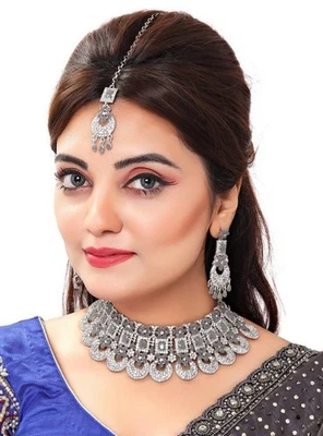 印度宝莱坞婚礼镀银珠宝水钻项链耳环套装 — 第 1/4 张图片