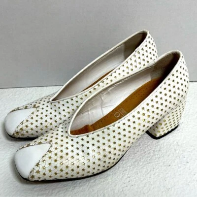 Beau Coops Italy Size 39 (US 8.5) White Gold Fleck Leather Block Heel Pumps - Image 1 of 4