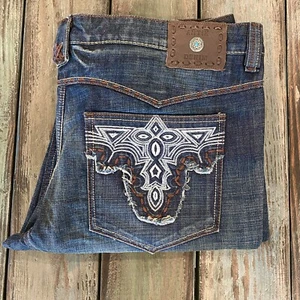 Pantalones de mezclilla para hombre antiguos 42 x 33 occidentales, bordados, logotipo puntada en contraste pierna recta - Imagen 1 de 12