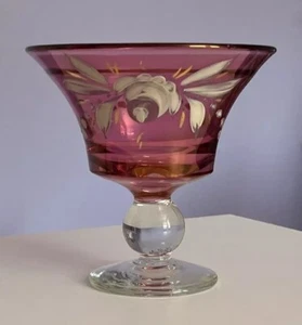 Vtg Hand Painted Cranberry Glass Footed Bowl Floral 6.5” x 6.75” diameter - Picture 1 of 15