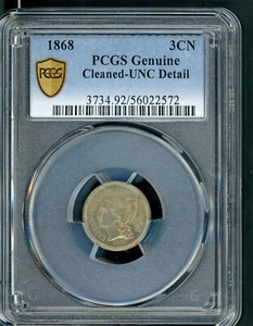 US 1868 PHILADELPHIA THREE CENT NICKEL TRIME SLABBED PCGS UNC DETAILS A3 - Picture 1 of 2