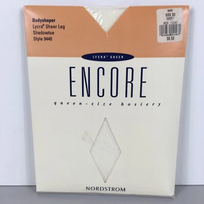 Style 9440 Size Q3 Ivory Encore Nylons Bodyshaper Lycra Sheer Leg Shadowtoe VTG - Image 1 of 4