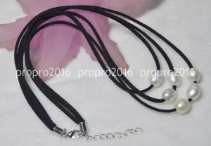 3 Rows Natural 10x12mm South Sea White Pearl &Black Leather Rope Necklace PN1710 - Picture 1 of 6