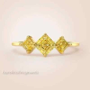 2CT Lab Created Asscher Cut Yellow Diamond 3-Stone Ring 14K Yellow Gold Finish - Picture 1 of 5
