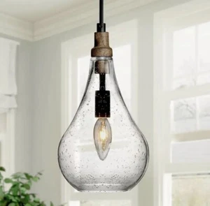 UOLFIN 1-Light Black Wood Pendant Light with Seeded Glass Shade 545 - Picture 1 of 6
