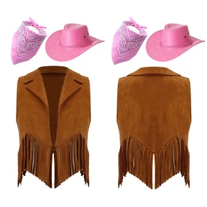 Boys Girls Western Cowgirl Cowboy Outfit Kids Suede Vest with Cowboy Hat Bandana - Picture 1 of 146