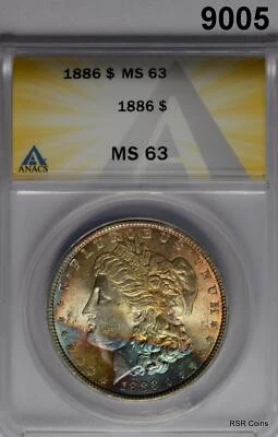 Dólar de plata Morgan 1886 certificado Anacs MS63 ¡INCREÍBLES COLORES ORO AZUL! #9005 Foto 1 de 3