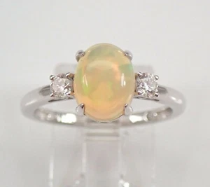 14K White Gold Diamond and Opal 3 Stone Engagement Ring Size 7 October Gemstone - Picture 1 of 6