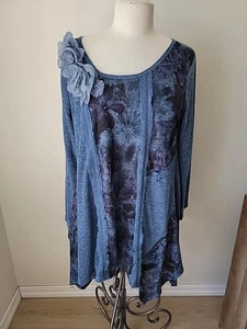 Vintage Pretty Angel Top Womens L Blue Linen Blend Tunic Art To Wear Lagenlook - Picture 1 of 13