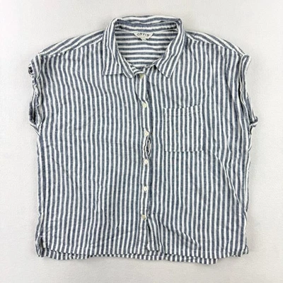 Женская льняная рубашка Orvis на пуговицах морская с коротким рукавом размер L белые/синие полоски - Изображение 1 из 4