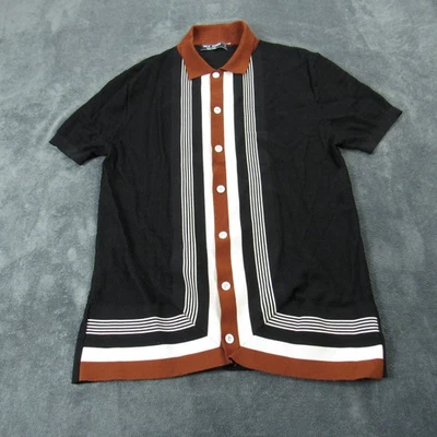 Camisa Polo Paul Jones Para Hombre Retro Tejida M Negra Marrón Blanca Vertical Rayas Butto Foto 1 de 4