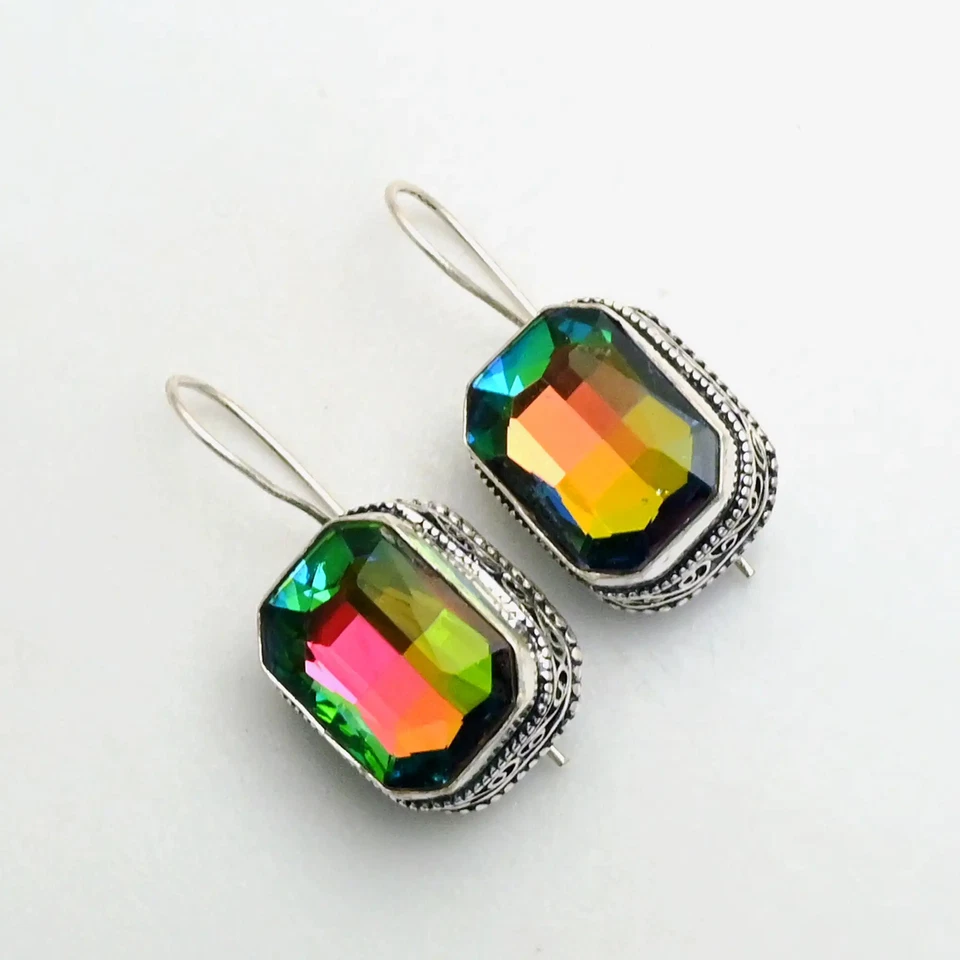 Mystic Topaz Gemstone Drop Dangle Antique Desing Earrings Jewelry 1.4" AE-95665 - Image 1 of 1