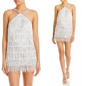 Mini Vestido Halter Bronx and Banco Isla Blanco y Plata Flecos en Niveles Talla L - Imagen 1 de 10