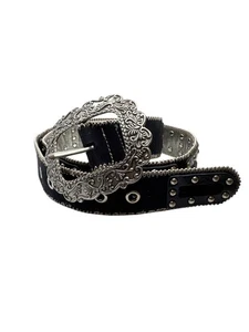 Kathy Van Zeeland Black Silver Studded Western Belt With Ornate Buckle Sz L Y2K - Picture 1 of 9