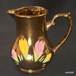 Wade Pitcher 5 3/4" Copper Lustre Hand Painted Purple Yellow Green Tulips 1950's - Picture 1 of 12