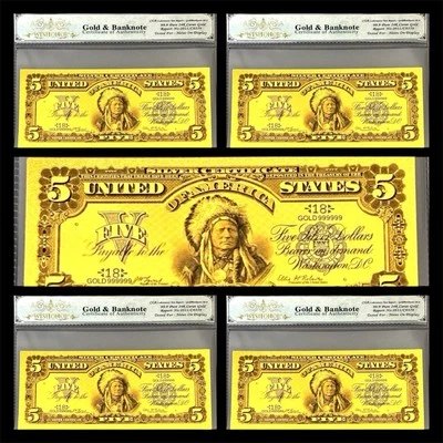 LOT X 5 1899 $5 INDIAN CHIEF SILVER CERTIFICATE BILL US 24K GOLD BANKNOTES W COA - Image 1 of 4