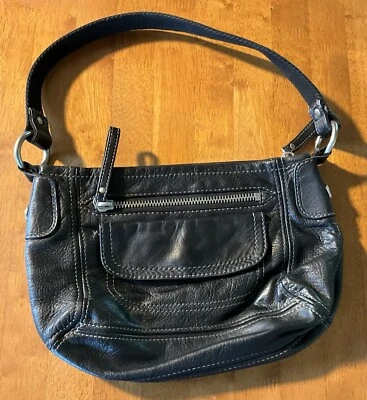 Vintage Y2K Fossil Leather Shoulder Bag Black Zip Pockets Lined No Key Clean - Image 1 of 4