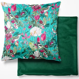 Funda de cojín de terciopelo de lujo - Patagonia - verde menta y rosa pájaro y estampado floral - Imagen 1 de 2