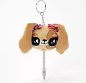 Claire’s Plush Brown Puppy Dog Ballpoint Pen W silver Glitter Keychain - Picture 1 of 1