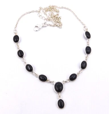 8.30 GM 925 Argento Sterling Nera Naturale Pietra Onice Artigianale Collana Size - Immagine 1 di 4