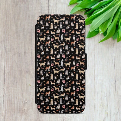 DOGS PATTERN SKETCH GIFT FLIP WALLET PHONE CASE COVER FOR IPHONE SAMSUNG GOOGLE - Image 1 of 4