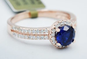 GENUINE 1.23 Cts BLUE & WHITE SAPPHIRE RING .925 Silver (ROSE)- NEW WITH TAG - Picture 1 of 3