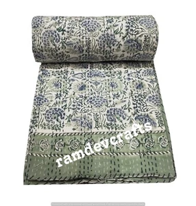 Hand Block Twin Size Handmade Kantha Quilt Throw Blanket Vintage Quilt Bedspread - Picture 1 of 6