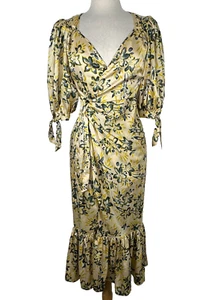 NWT Cinq a Sept Kerstin Puff-Sleeve Floral Midi Wrap Dress Pomelo Womens Sz 0 - Picture 1 of 18