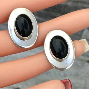 925 Sterling Silver Black Onyx Taxco Mexico Earrings Vintage Oval Pierced 1200 - Picture 1 of 8