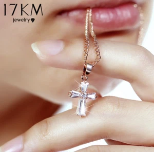 Women's Fashion Jewelry Rose Gold Silver Crystal Cross Pendant Necklace 72-9 - Picture 1 of 8