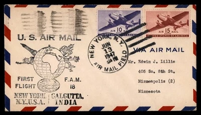 Mayfairstamps US Flight 1947 NY to Calcutta India Fam 18 Cover aau_78521 - Image 1 of 2