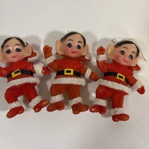 Set Of 3 Vintage Christmas Elf Flocked Christmas Tree Ornaments 4" - Picture 1 of 7