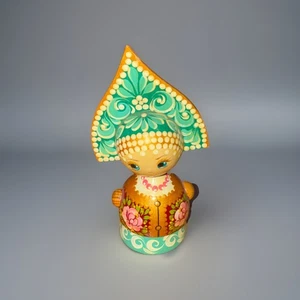 SIGNED Vintage Wooden Hand Painted Linden Russian Doll Folk Art - Picture 1 of 4