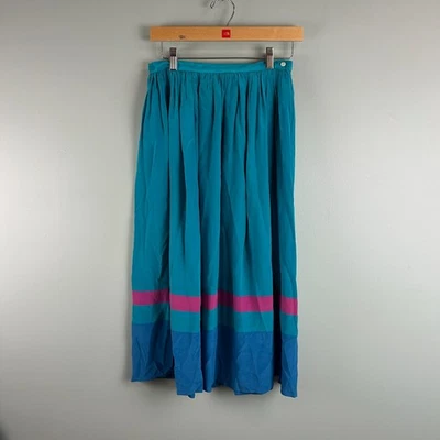 VTG CAROLE LITTLE St-Tropez West 100% Silk Full Skirt Turquoise Stripe 10 Boho - Image 1 of 4