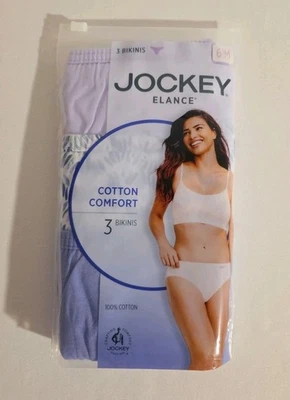 Jockey Elance Cotton Comfort BIKINIS, 3 pairs in pack. size 6. Purple and Floral - Image 1 of 4