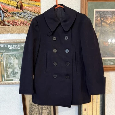 Vintage 40s WW2 US Naval Clothing Factory 10 Button Navy Wool PeaCoat Military - Image 1 of 4